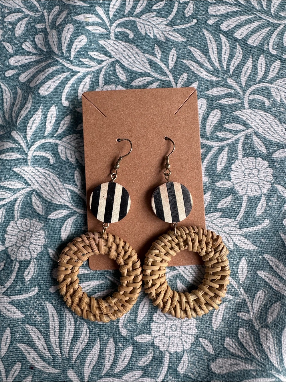 Boho Woven Rattan Hoop Earrings | Black & White Stripe | Summer Coastal Jewelry